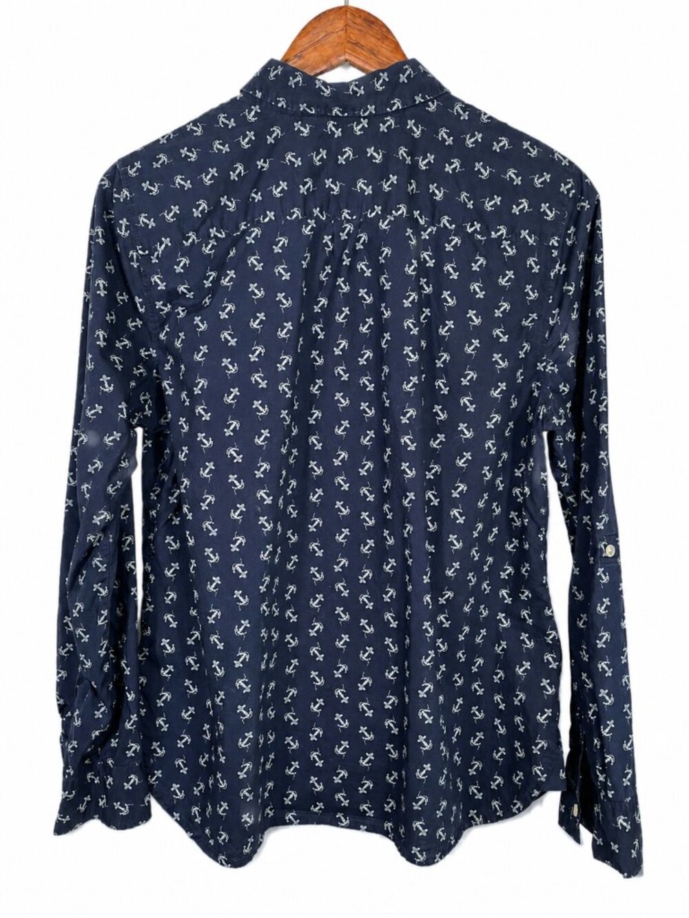 Talbots Anchor Print Navy Button Down Shirt Cotton Nautical Prep Size 12 - Picture 3 of 9